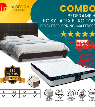 [COMBO  SET] 10inch Pocketed Spring With Latex Mattress + Bedframe (10 Years Warranty) [ALL SIZES AVAILABLE]